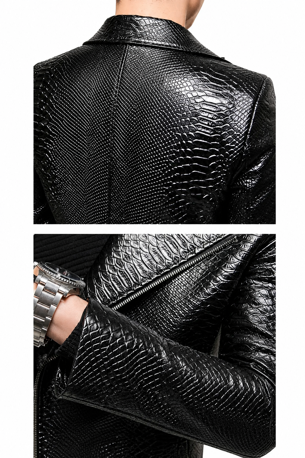 Men's Black Python Embossed Effect Motorcycle Biker Real Leather Jacket