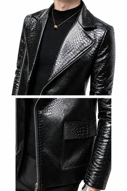 Men's Black Python Embossed Effect Motorcycle Biker Real Leather Jacket