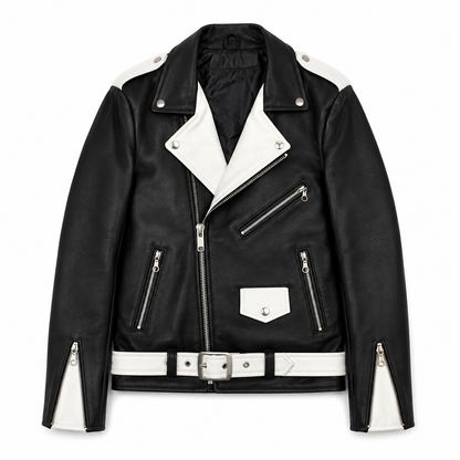 Men's Black - White Two Tone Slim Fit Motorcycle Biker Belted Leather Jacket