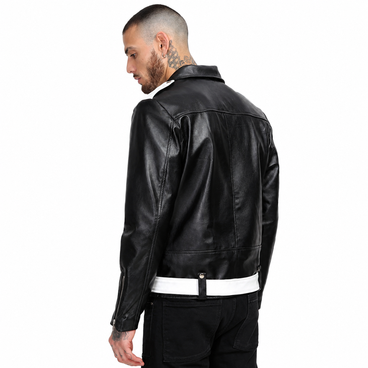 Men's Black - White Two Tone Slim Fit Motorcycle Biker Belted Leather Jacket