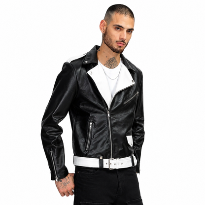 Men's Black - White Two Tone Slim Fit Motorcycle Biker Belted Leather Jacket