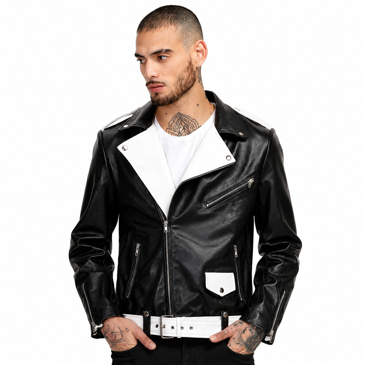 Men's Black - White Two Tone Slim Fit Motorcycle Biker Belted Leather Jacket