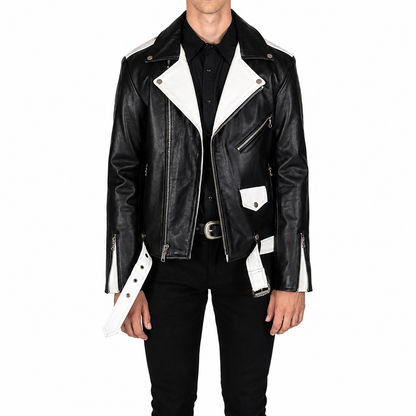 Men's Black - White Two Tone Slim Fit Motorcycle Biker Belted Leather Jacket