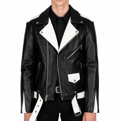 Men's Black - White Two Tone Slim Fit Motorcycle Biker Belted Leather Jacket