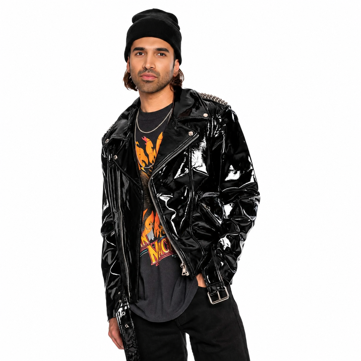 Mens Black Patent Motorcycle Biker Belted Leather Jacket