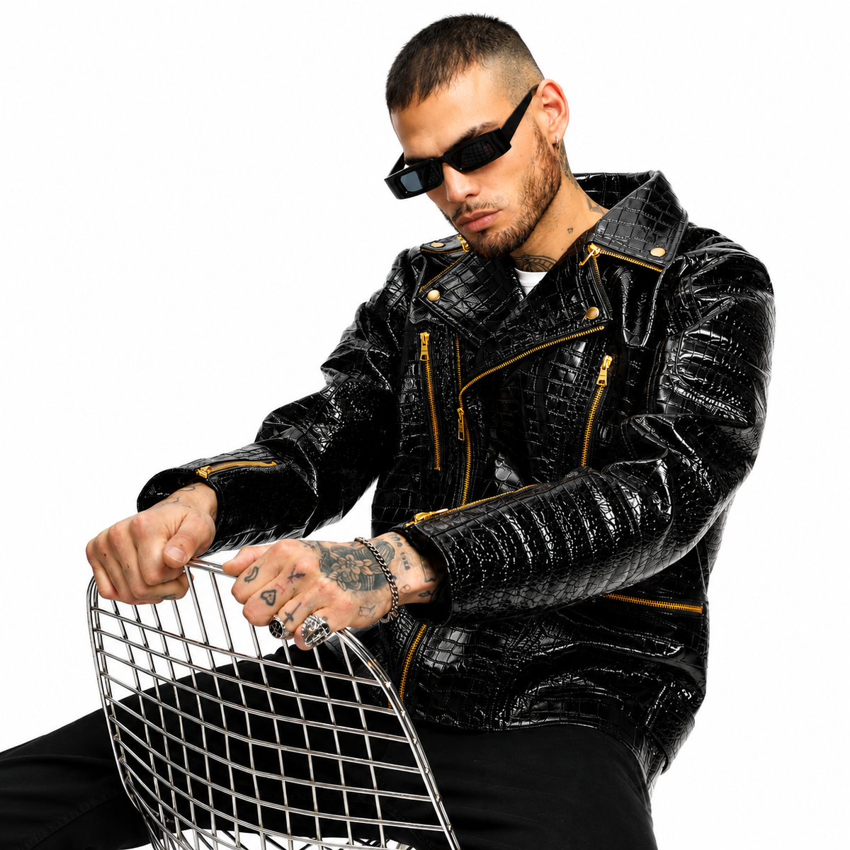 Mens Black Patent Croc Motorcycle Biker Gold Zip Leather Jacket