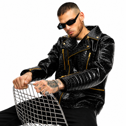 Mens Black Patent Croc Motorcycle Biker Gold Zip Leather Jacket