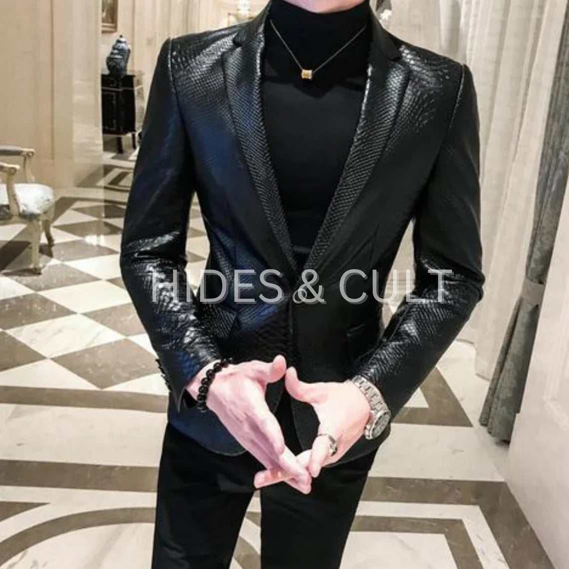 Mens Black Python Embossed Korean Blazer