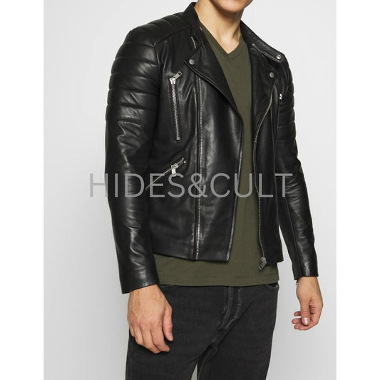Men Black Solid Casual Tailored Motorcycle Biker Leather Jacket Men Casual Black Leather Jacket