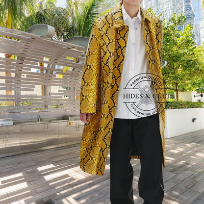 Womens Yellow Snake Print Genuine Leather Long Coat