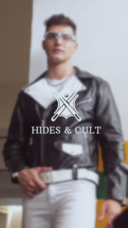 Men's Black - White Two Tone Slim Fit Motorcycle Biker Belted Leather Jacket