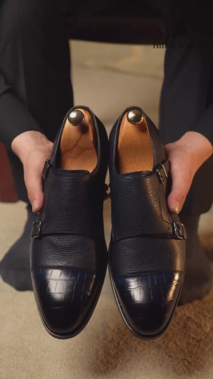 Black Double Monk Strap Milled - Croc Two Tone Shoes - CLEARANCE EVENT