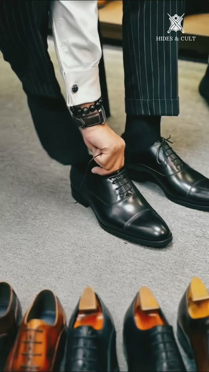 Solid Black Oxford Brogue Leather Shoes | Hides&Cult