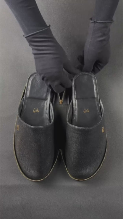 Vegas - Black Milled Texture Leather Mules