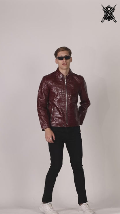 Mens Maroon Croc Detail Leather Jacket