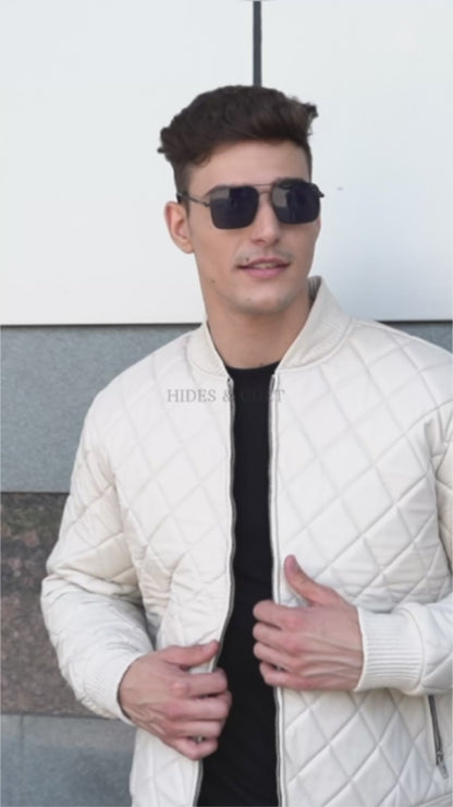 Mens Off White Diamond Quilted Bomber Leather Jacket