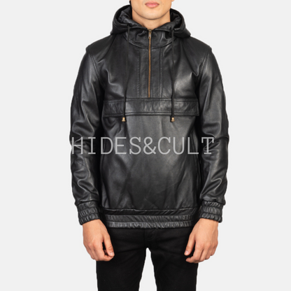 Men's Black Genuine Lambskin Leather Hooded Pullover Jacket