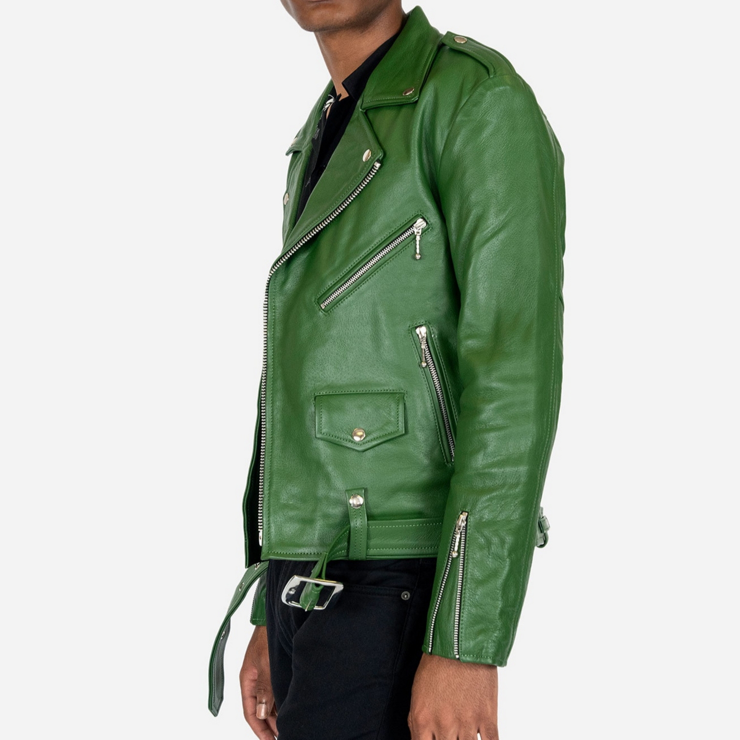 Mens Cactus Green Slim Fit Motorcycle Biker Belted Leather Jacket