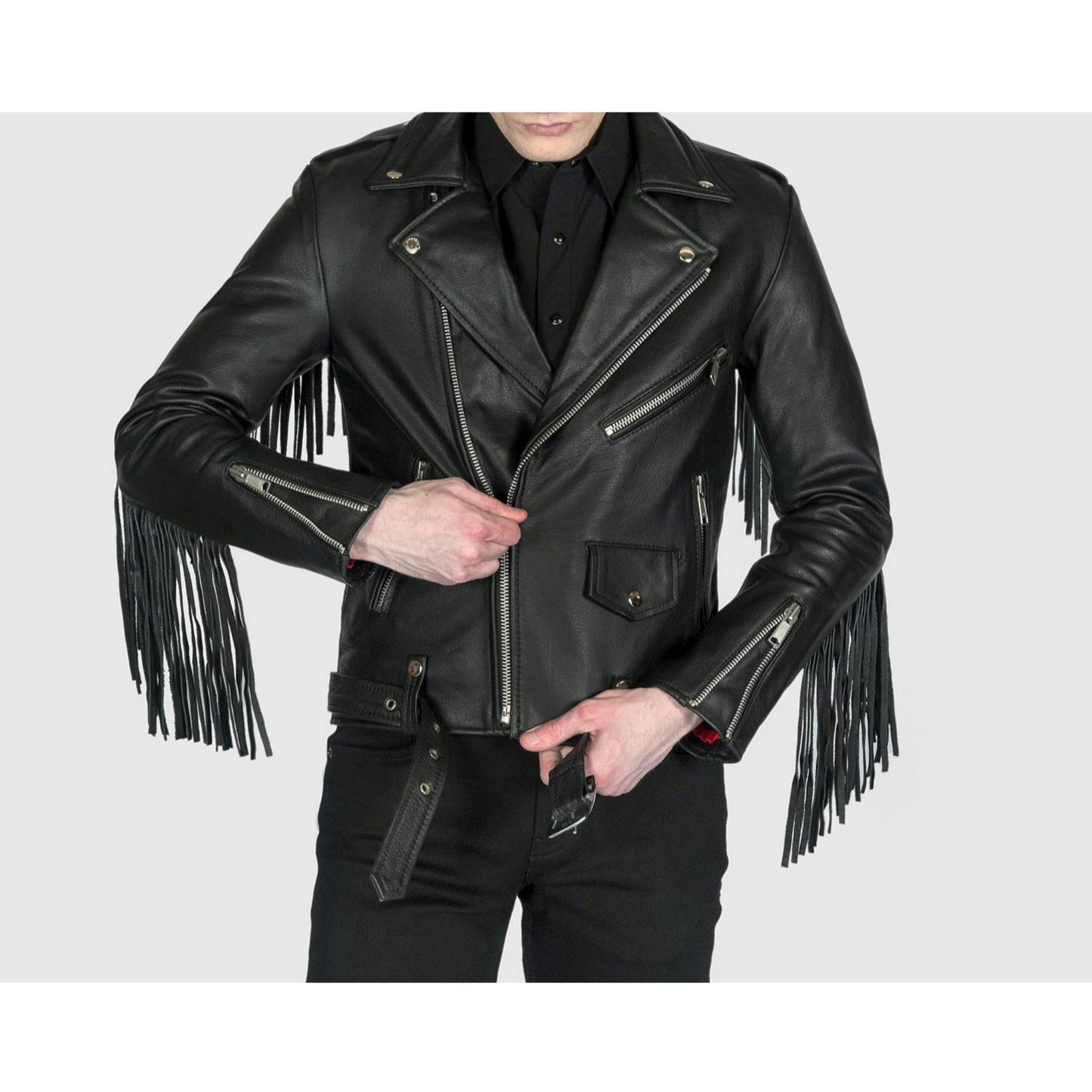 Mens Black Fringed Slim Fit Motorcycle Biker Belted Leather Jacket