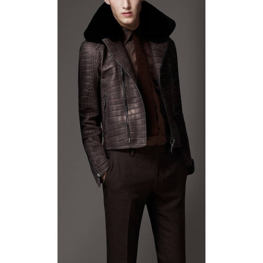 Mens Brown Croc Embossed Effect Real Lambskin Furr Collar Leather Jacket
