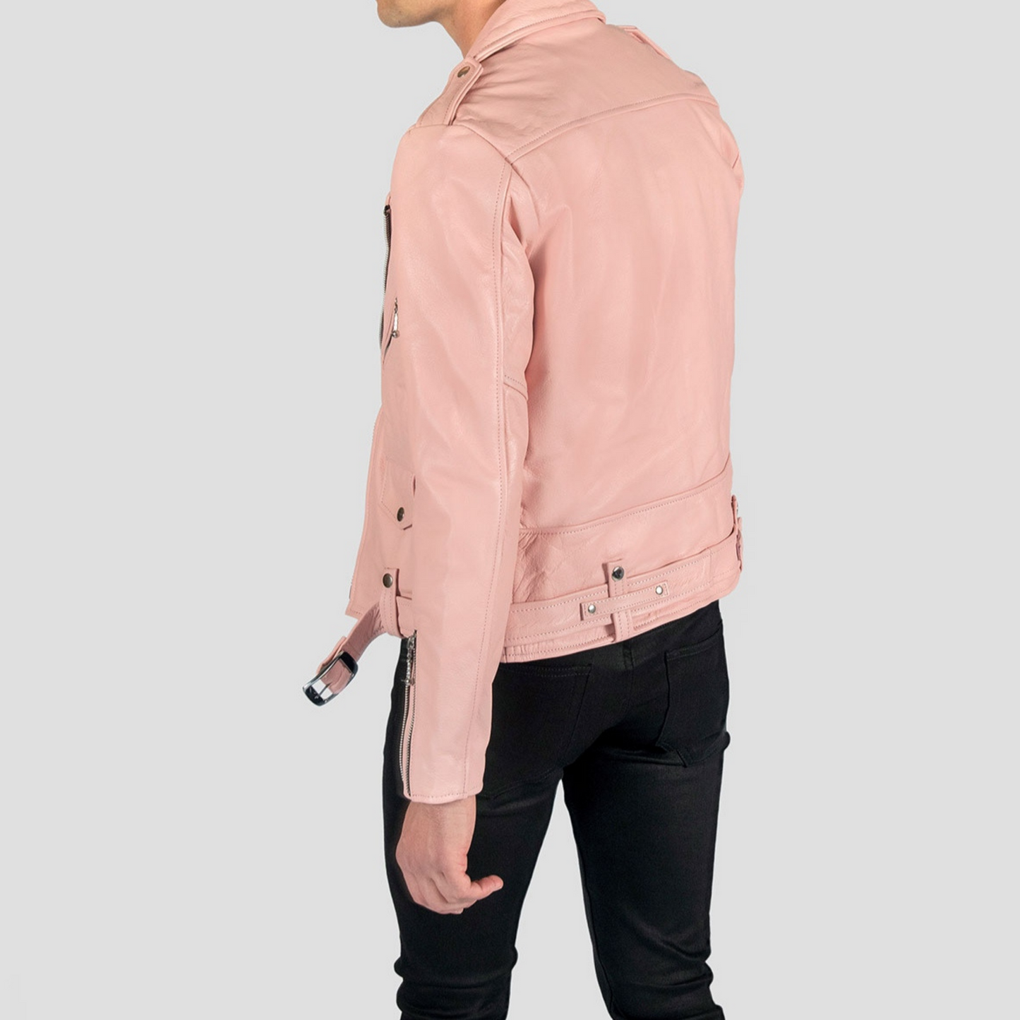 Mens Pink Slim Fit Motorcycle Biker Belted Leather Jacket