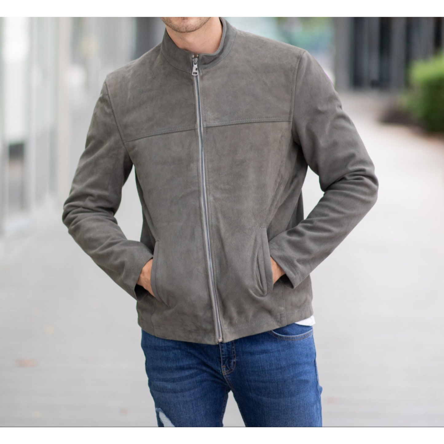 Men's Grey Suede Tailored Genuine Leather Jacket