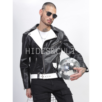 Men's Black - White Two Tone Slim Fit Motorcycle Biker Belted Leather Jacket