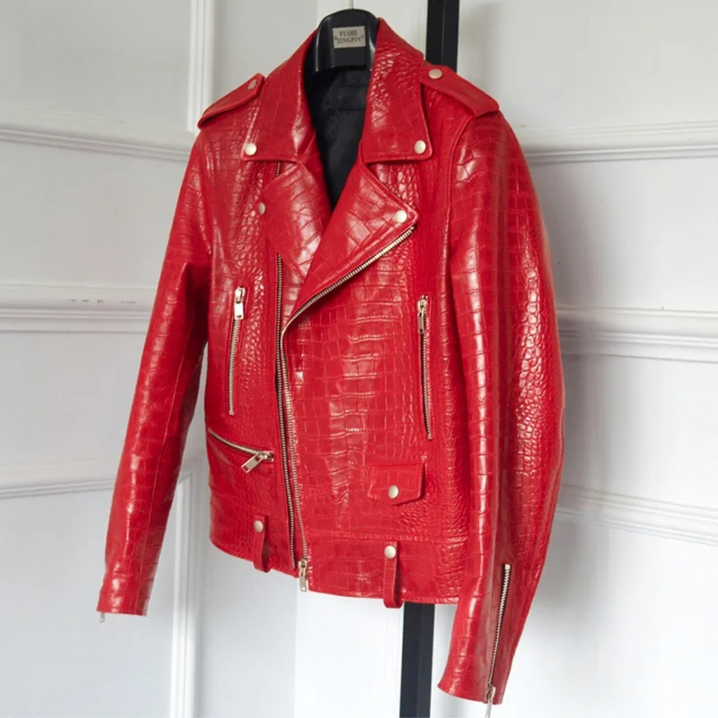 Mens Red Croc Embossed Effect Motorcycle Biker Leather Jacket