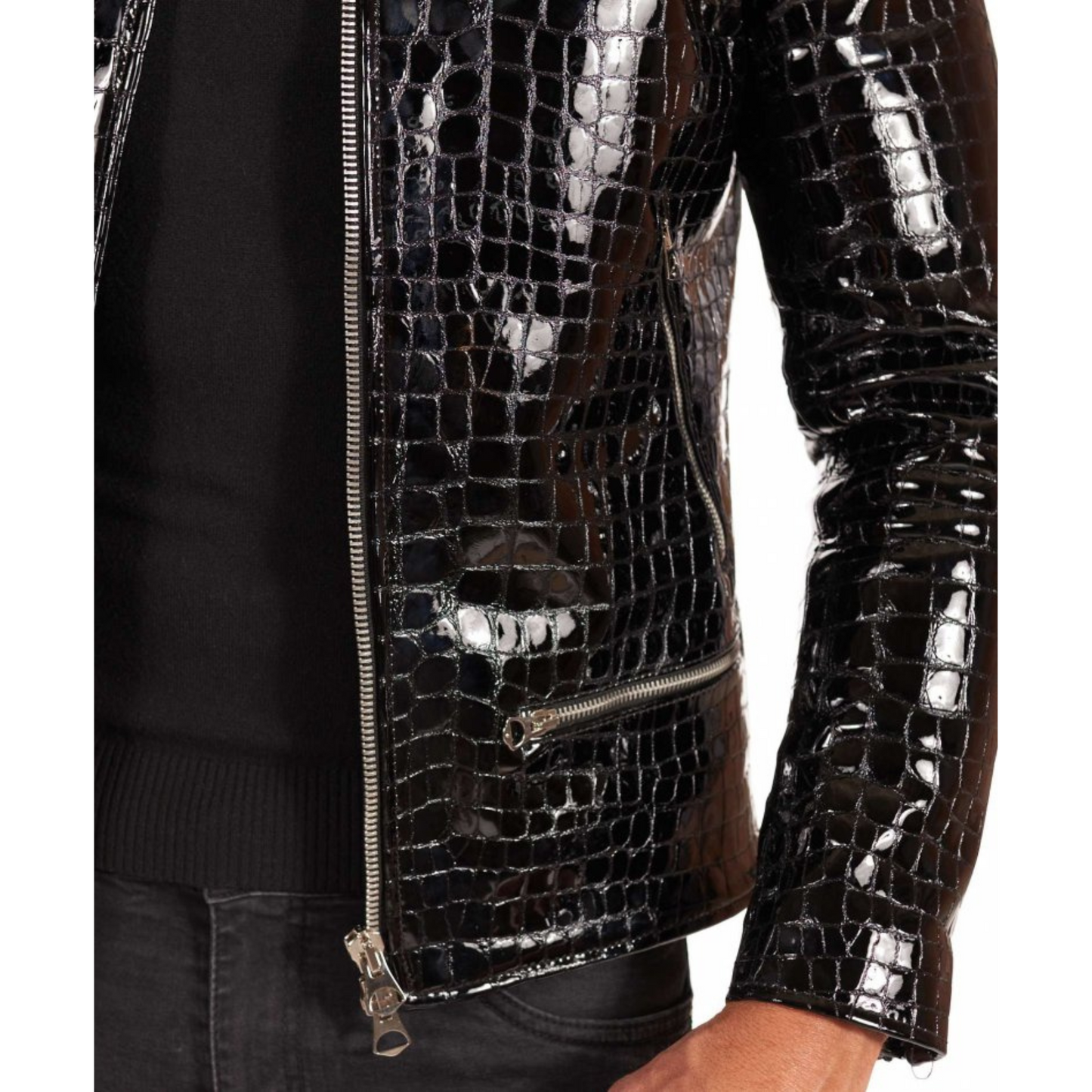 Mens Black Patent Croc Embossed Effect Motorcycle Biker Leather Jacket