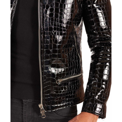 Mens Black Patent Croc Embossed Effect Motorcycle Biker Leather Jacket