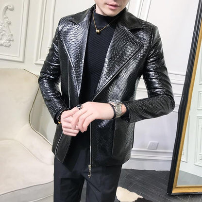 Men's Black Python Embossed Effect Motorcycle Biker Real Leather Jacket
