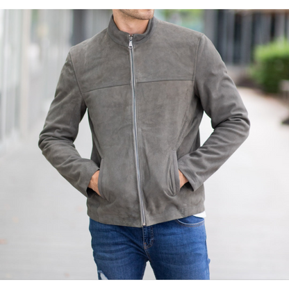 Men's Grey Suede Tailored Genuine Leather Jacket