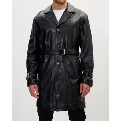 Men's Red Belted Genuine Leather Trench Coat