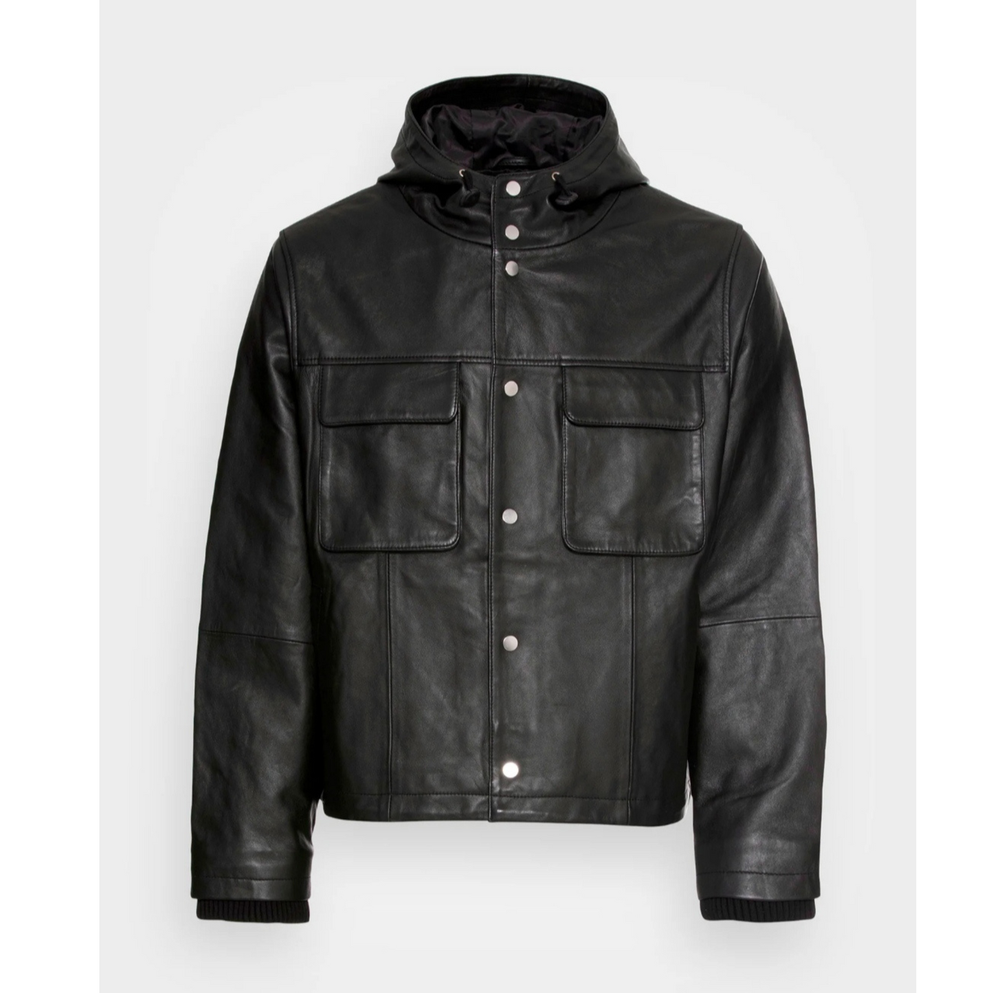 Mens Black Bomber Style Hooded Genuine Leather Sweatshirt
