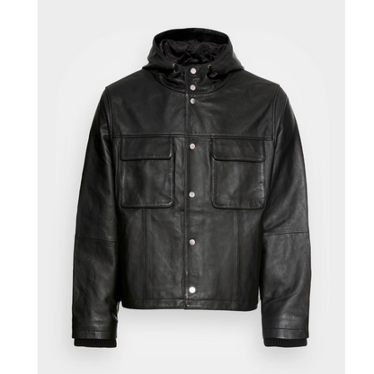 Mens Black Bomber Style Hooded Genuine Leather Sweatshirt
