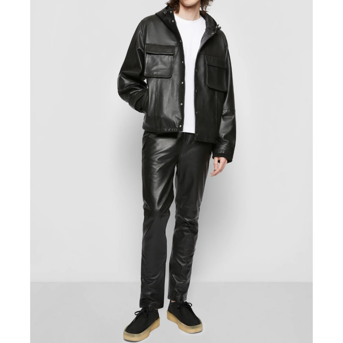 Mens Black Bomber Style Hooded Genuine Leather Sweatshirt