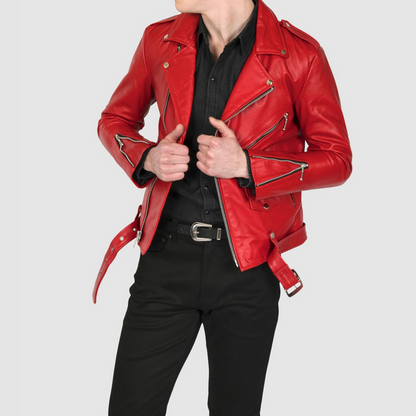 Men's Red Slim Fit Motorcycle Biker Belted Leather Jacket