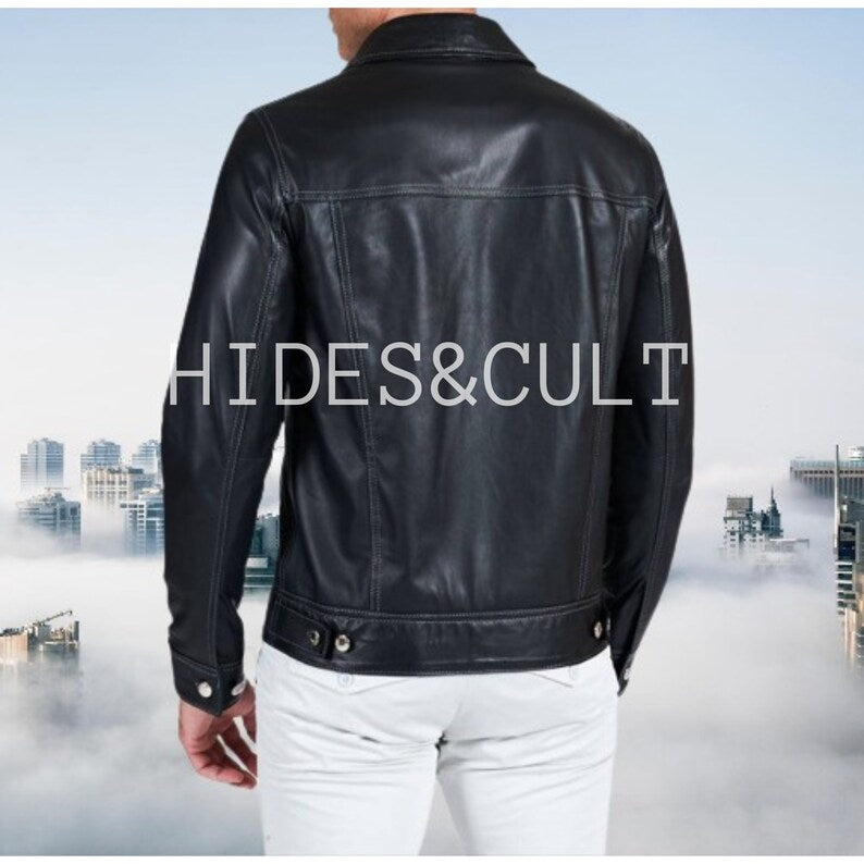 Men's Royal Blue Slim Fit Denim Trucker Leather Jacket