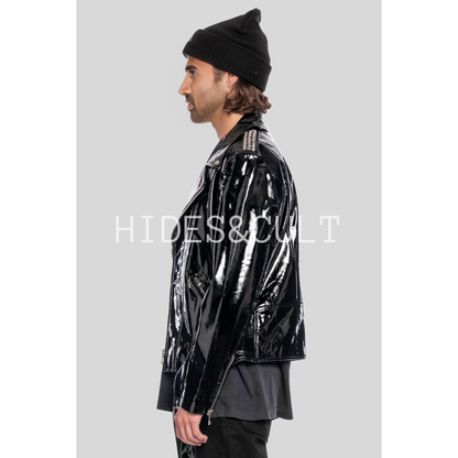 Mens Black Patent Motorcycle Biker Belted Leather Jacket