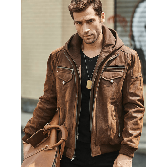 Mens Brown Suede Nubuck Bomber Style Motorcycle Leather Jacket with detachable Brown Fleece Hood