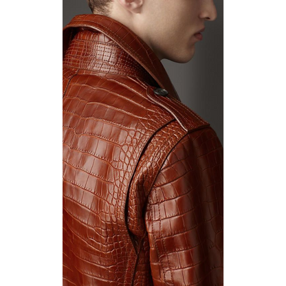 Mens Vintage Tan Brown Croc Embossed Effect Leather Jacket
