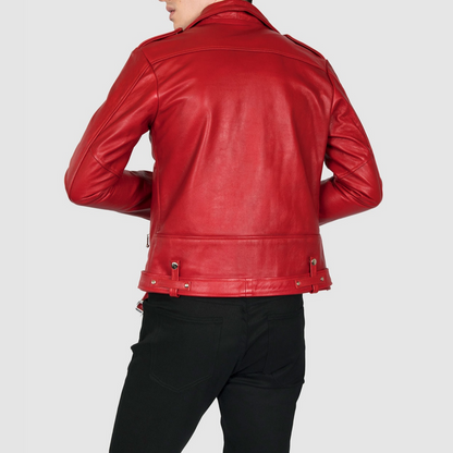 Men's Red Slim Fit Motorcycle Biker Belted Leather Jacket