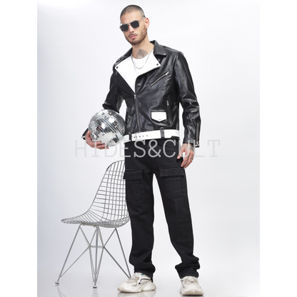 Men's Black - White Two Tone Slim Fit Motorcycle Biker Belted Leather Jacket
