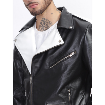 Men's Black - White Two Tone Slim Fit Motorcycle Biker Belted Leather Jacket