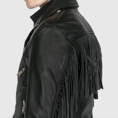 Mens Black Fringed Slim Fit Motorcycle Biker Belted Leather Jacket