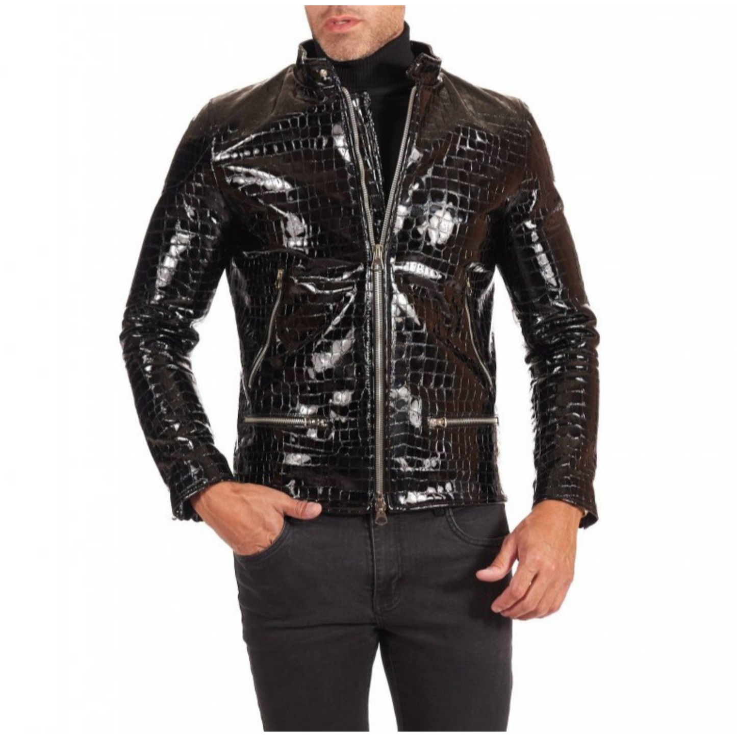 Mens Black Patent Croc Embossed Effect Motorcycle Biker Leather Jacket