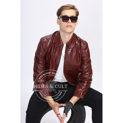 Mens Maroon Croc Detail Leather Jacket