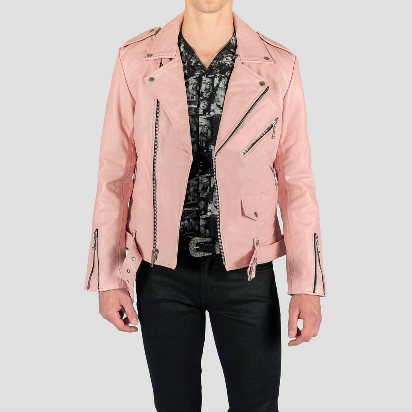 Mens Pink Slim Fit Motorcycle Biker Belted Leather Jacket