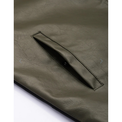 Mens Olive Green Color Blocked Leather Jacket