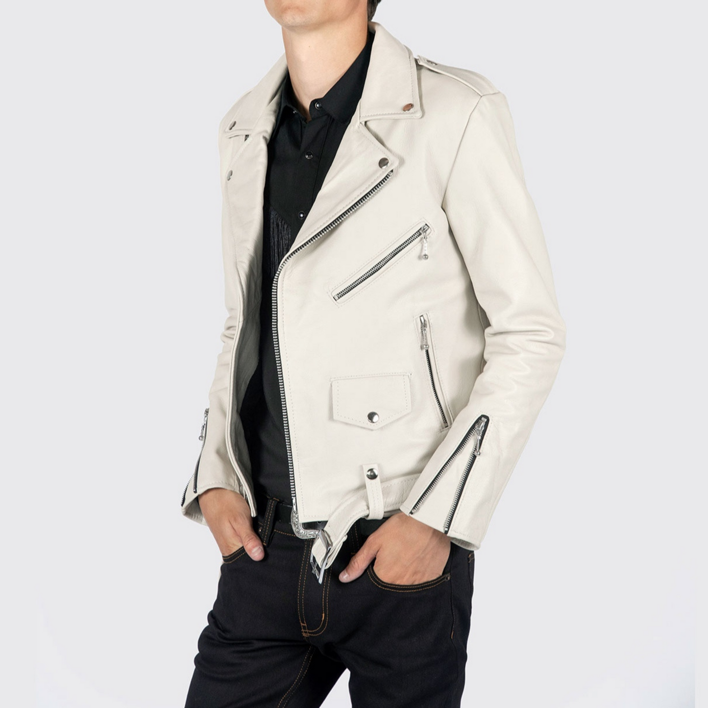 Mens Off-White Slim Fit Motorcycle Biker Belted Leather Jacket